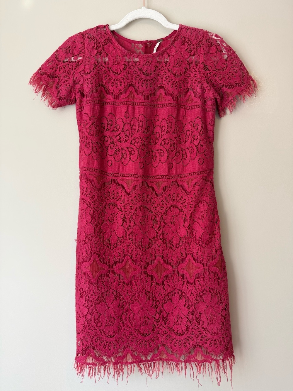 Free People Magenta Crochet Lace Fringe Mini Dress Sz 0 Boho
